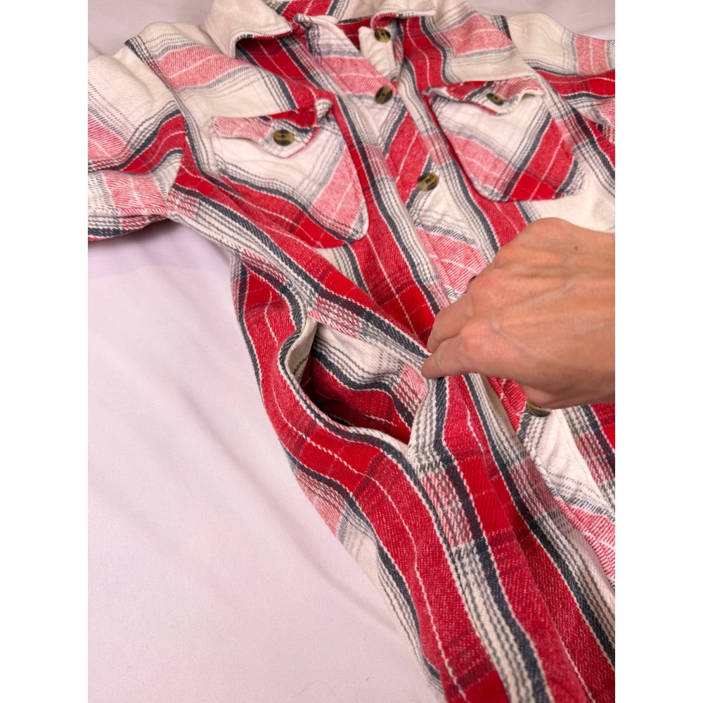 Aerie Oversized Plaid Long Shacket Cotton Lumberjack Shirt Jacket Red White Sz S - Picture 5 of 8